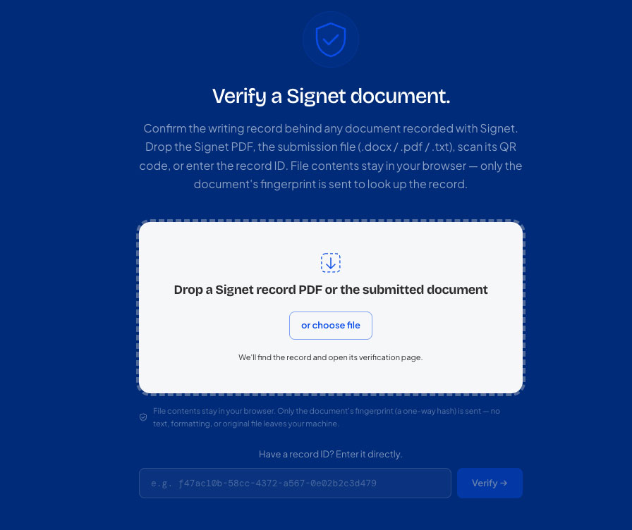Dropping a submitted document into the Signet verifier and seeing a verified result